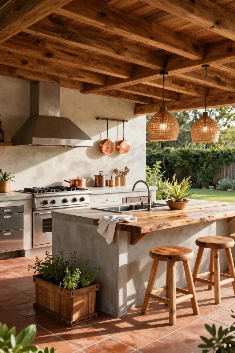 Outdoor kitchen under wooden beamed ceiling with concrete island topped in rough wood, stainless steel cooktop and oven, copper pots hanging from wall, wooden stools, potted plants, and garden view on terracotta floor tiles.