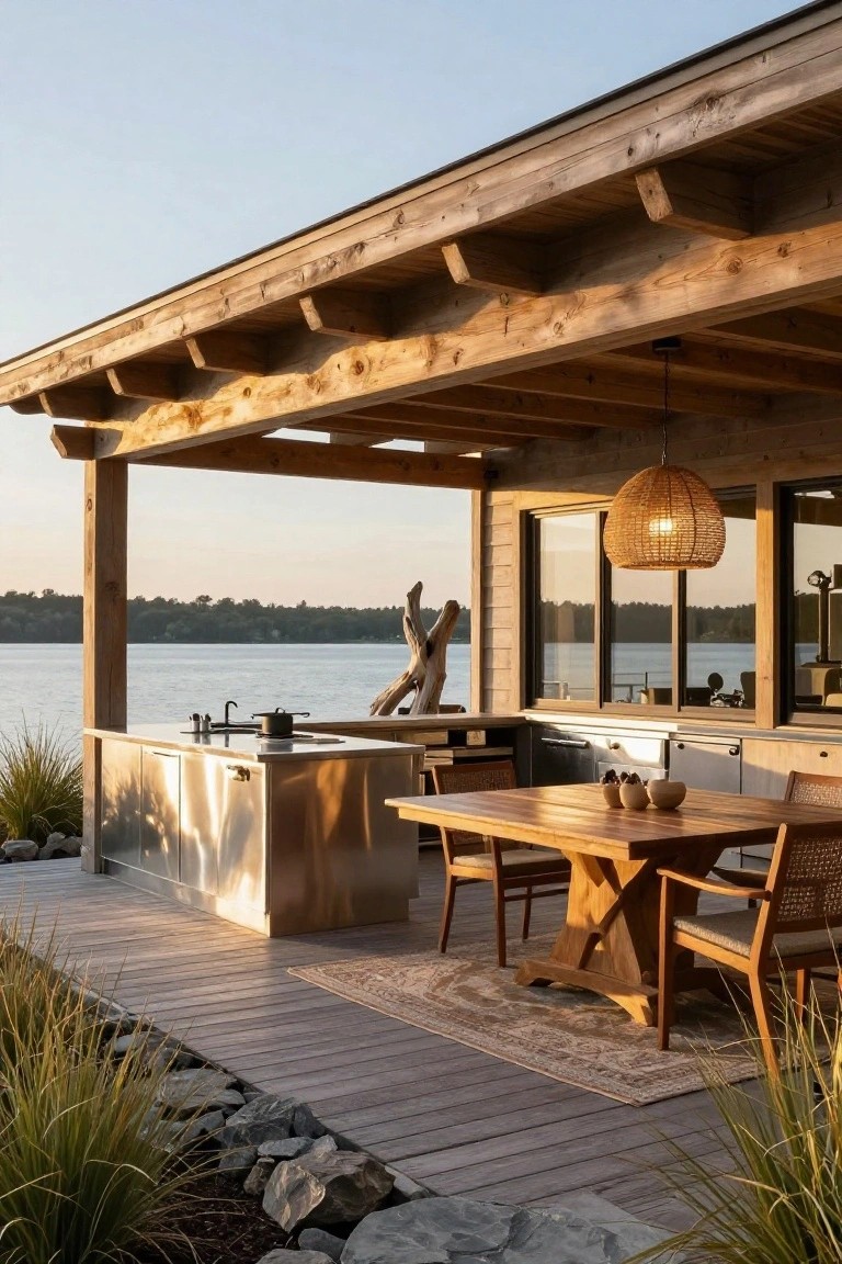 Outdoor kitchen with stainless steel counters and sink under a timber pergola on a wooden deck overlooking a lake, next to a wooden dining table with rattan chairs, surrounded by grasses and rocks.