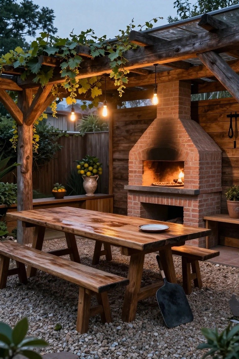 Vine-covered wooden pergola with hanging lights over a long wooden table and benches next to a lit brick pizza oven on a gravel patio surrounded by plants and fencing.