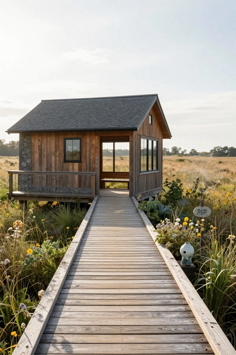 Small wooden cabin with dark horizontal siding and large windows sits elevated at the end of a long wooden pier walkway through wetland grasses and flowers.