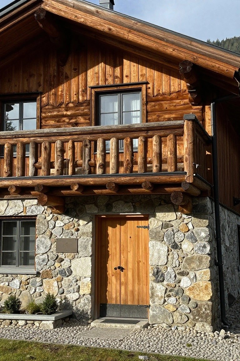 Two-story alpine chalet house exterior featuring dark wood timber siding and balcony railing over a fieldstone foundation with wooden front door, flanked by small plants and pebble path on grass.