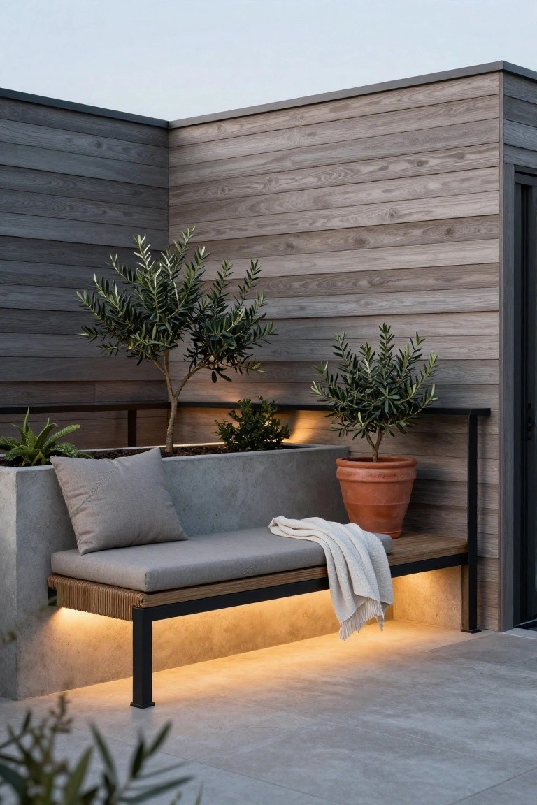 Corner outdoor bench with gray cushions and white blanket built into gray concrete and timber-clad walls, surrounded by potted olive trees and plants, with warm LED lighting underneath on a light gray tiled patio.