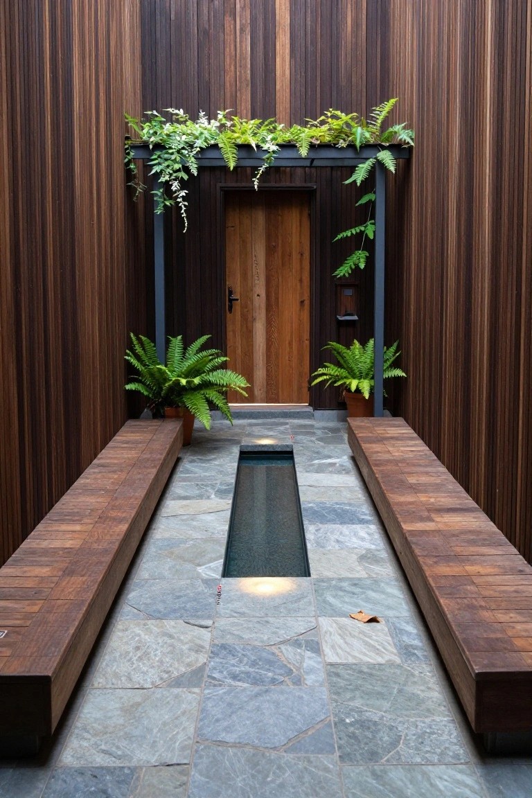 Dark timber-clad exterior walls frame a wooden entry door under a metal structure with overhanging ferns, with long wooden benches flanking a flagstone path that includes a narrow illuminated water channel.