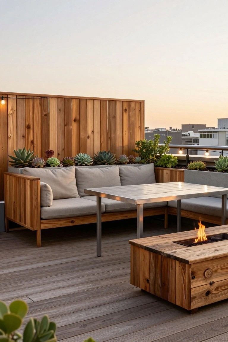 Rooftop wooden deck with L-shaped sofa, metal dining table, rectangular wooden fire pit with flames, succulents in planters along a wooden privacy fence, and string lights at dusk.