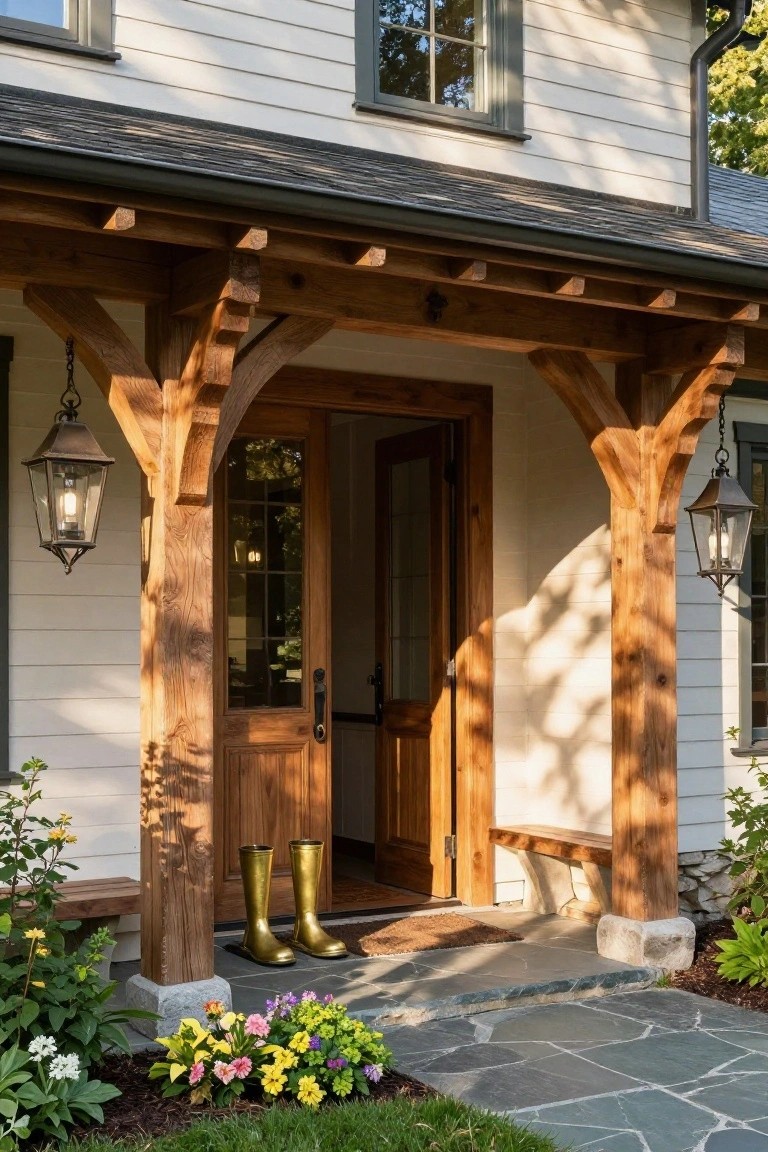 Front entrance of a white shingle house with exposed timber posts and brackets supporting the porch roof, wooden double door, hanging lanterns, wooden bench, yellow rain boots, and flower beds along a stone path.