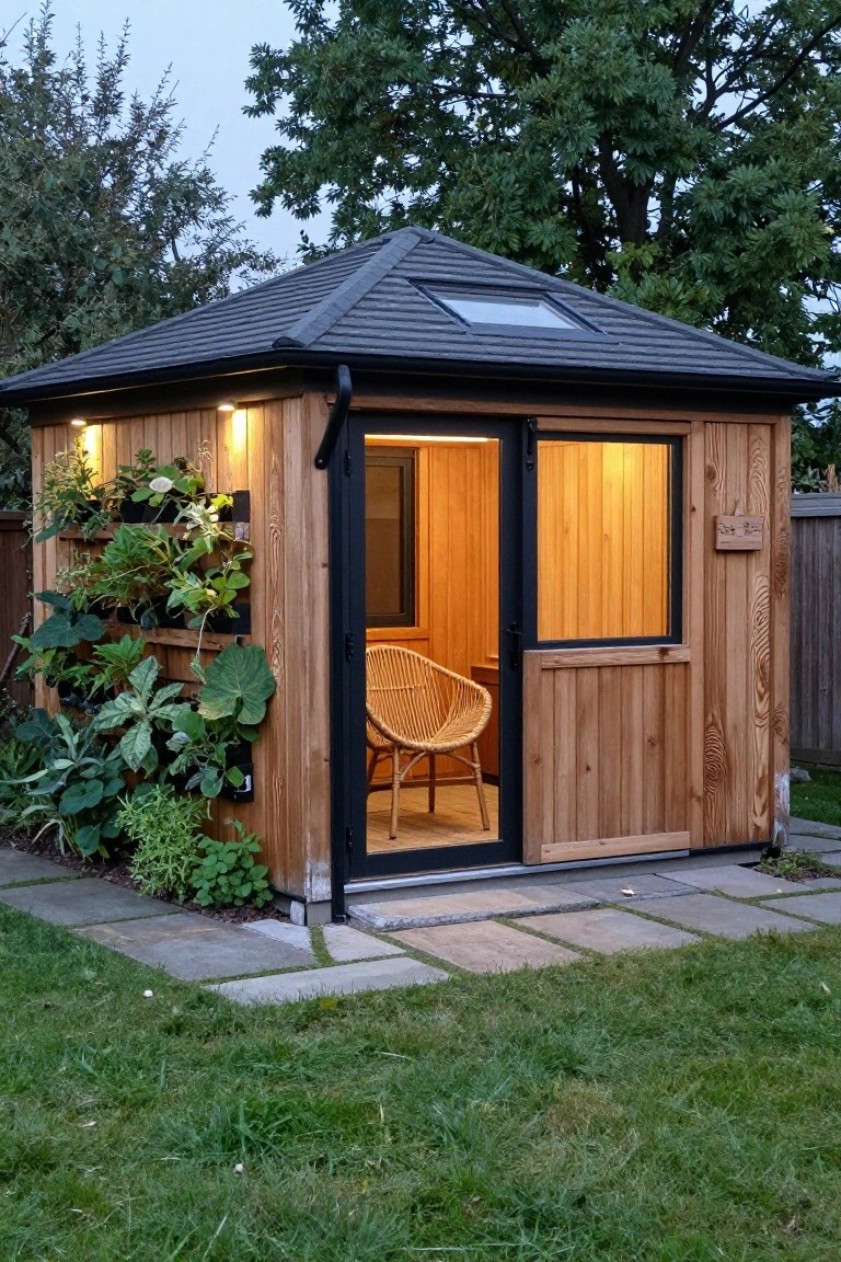 Small cedar-clad wooden cabin in a backyard garden with pyramid roof, skylight, open glass door showing rattan chair inside, wall-mounted plants, exterior lights, paver path, and surrounding grass and trees at dusk.