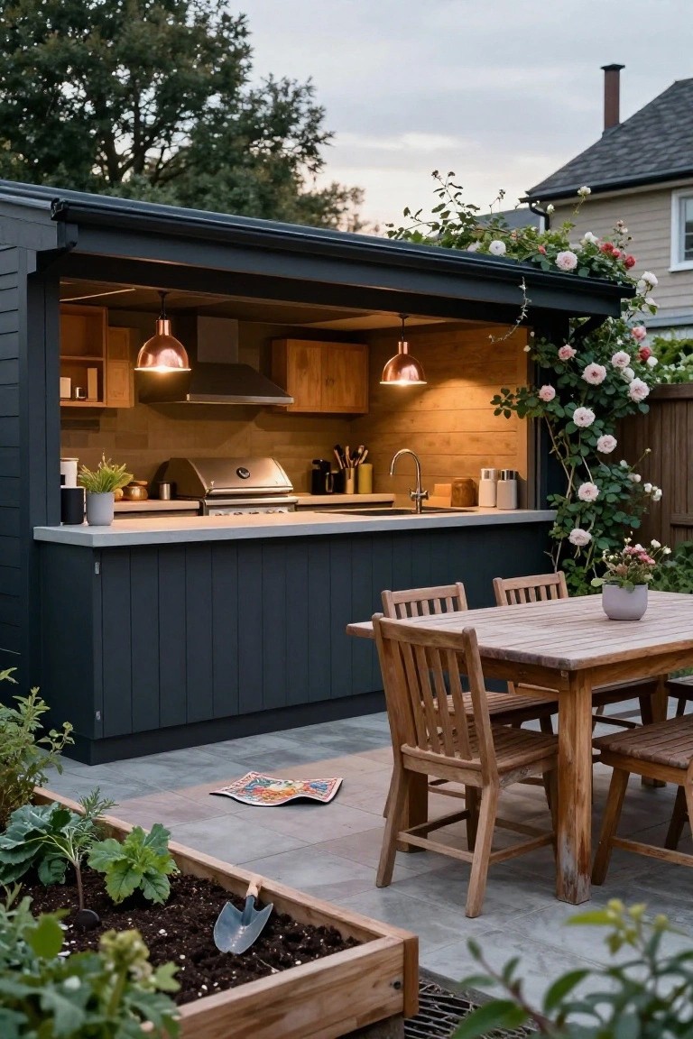 Outdoor kitchen enclosure with dark shiplap siding, light wood cabinets and shelves, stainless steel grill and sink, wooden bar counter, wooden dining table with chairs, raised garden bed, and climbing roses on the side.