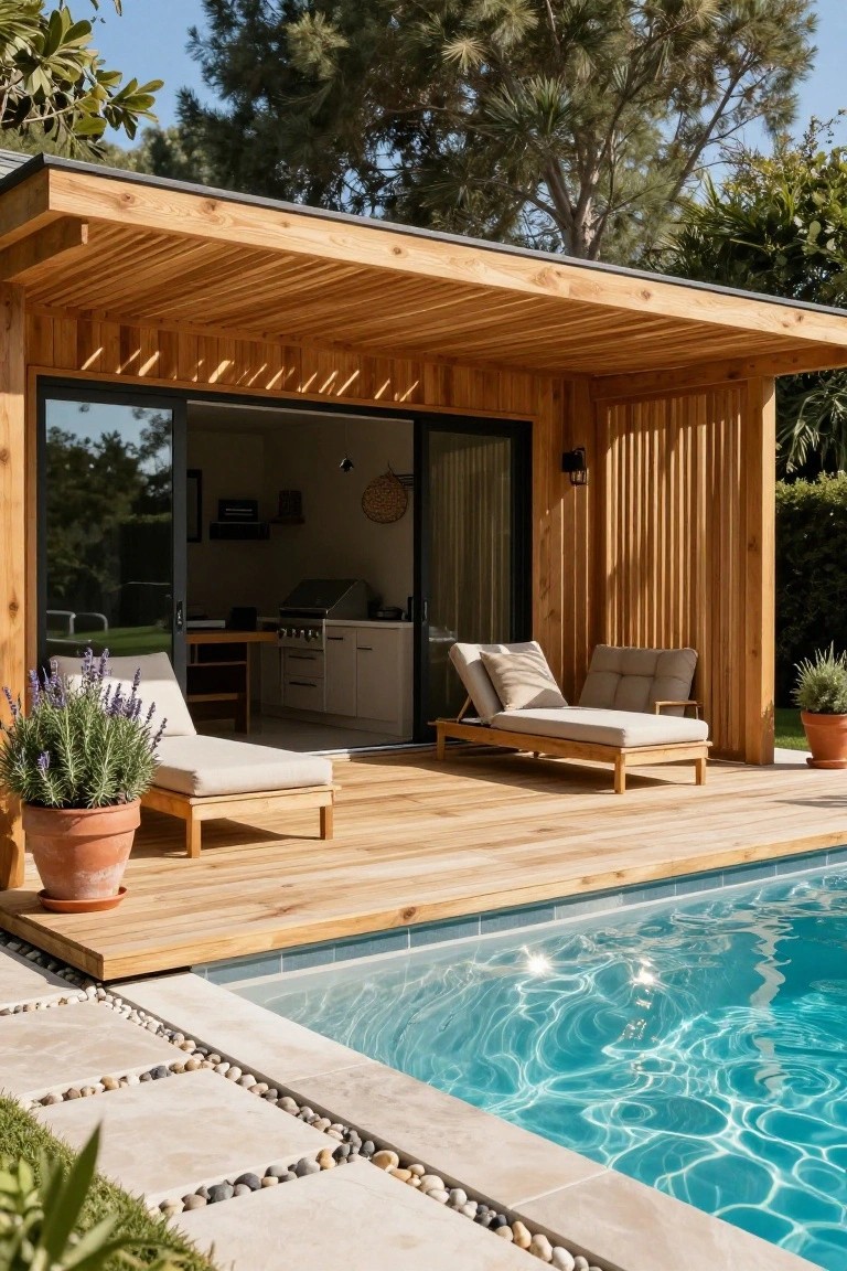 Wooden cabana structure with slatted timber roof and vertical cladding beside a rectangular swimming pool, wooden deck with two lounge chairs and potted lavender plants, visible indoor kitchen area through glass doors.