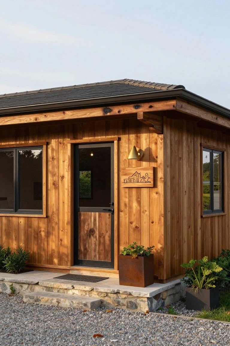 Small cabin exterior with vertical golden timber siding, black-framed windows and door, wooden sign with mountain and horse carving, brass wall lantern, potted plants in metal containers, stone steps, and gravel ground.