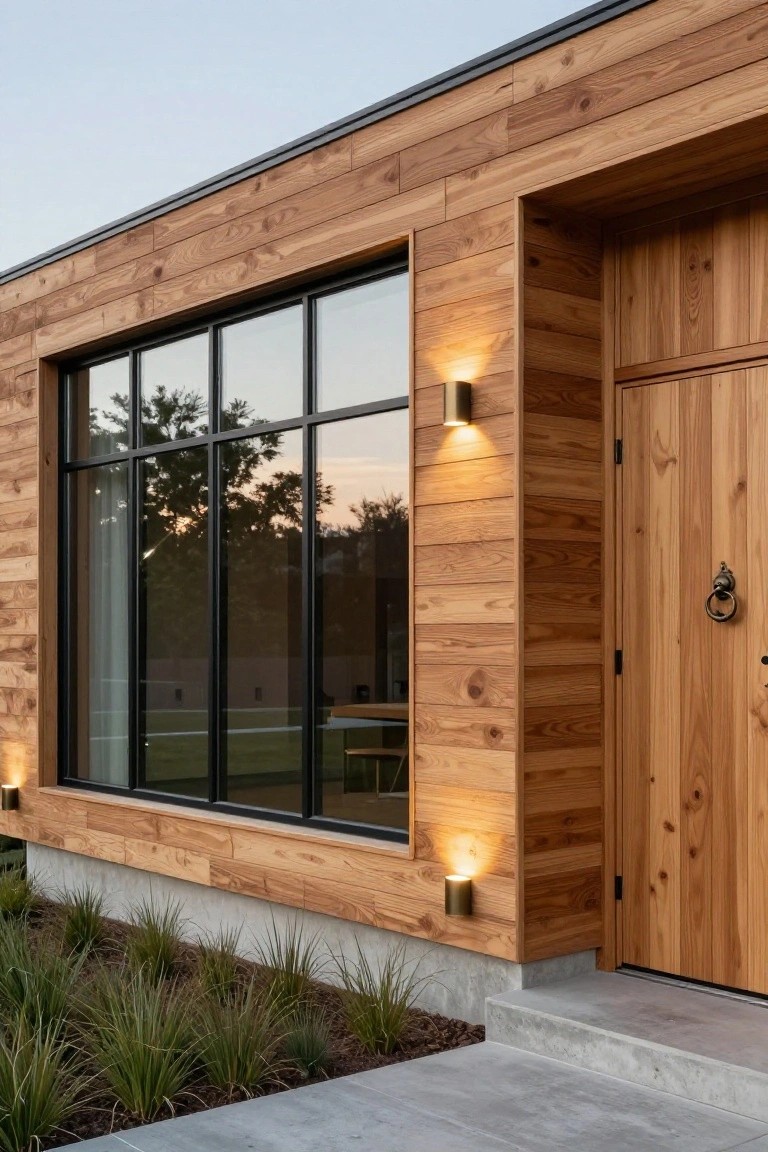 Exterior of a modern house with vertical timber cladding, large black-framed windows reflecting trees, wooden entry door with brass knocker, cylindrical wall lights, concrete steps, and low grass plantings at the base.