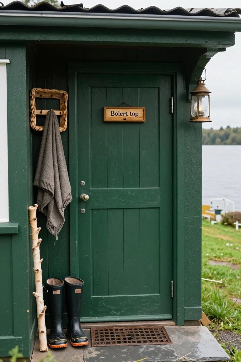 Green wooden cabin exterior with paneled door labeled Båthus, woven towel rack with gray towel draped over it, pair of black rubber boots, birch branch leaning nearby, lantern light, and lake in background.