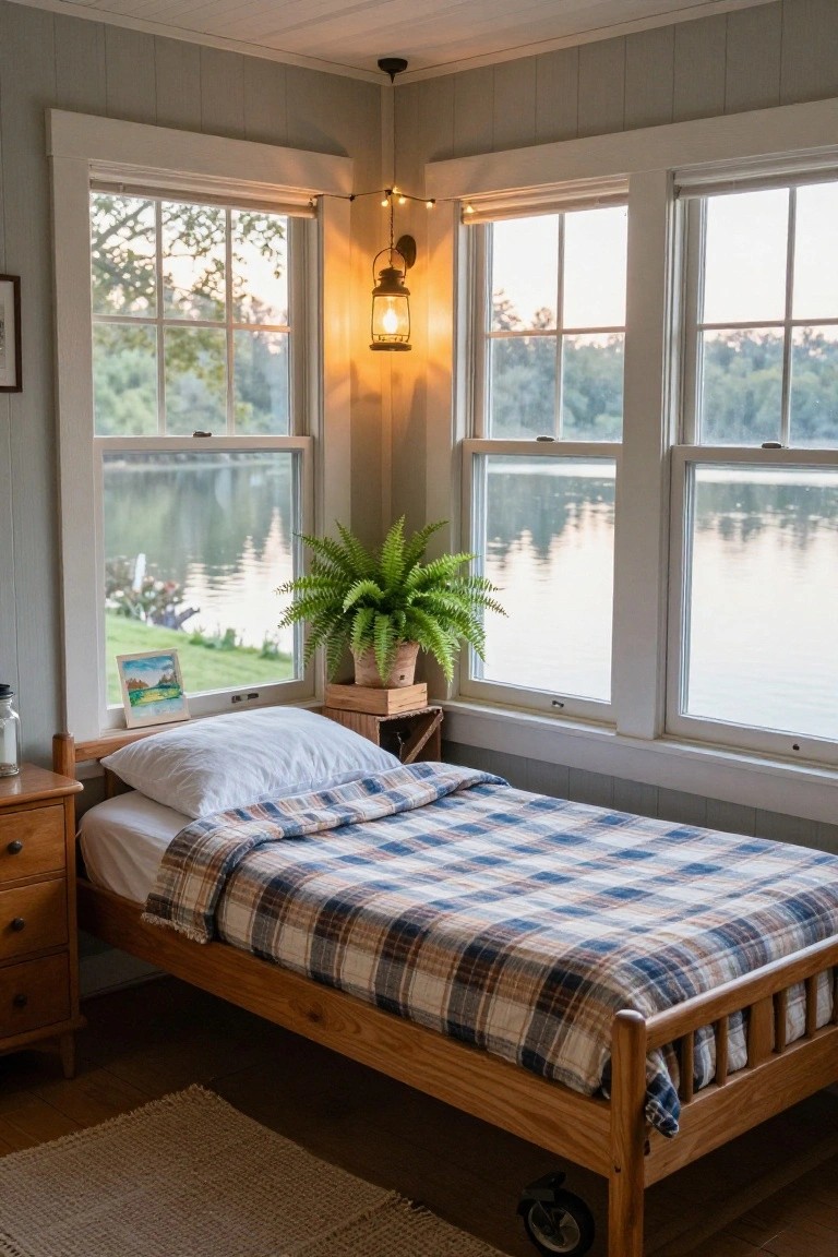 Corner bedroom with wooden single bed draped in plaid quilt, white pillow, nightstand, potted fern, lantern light, and three large windows showing lake, trees, and sunset.