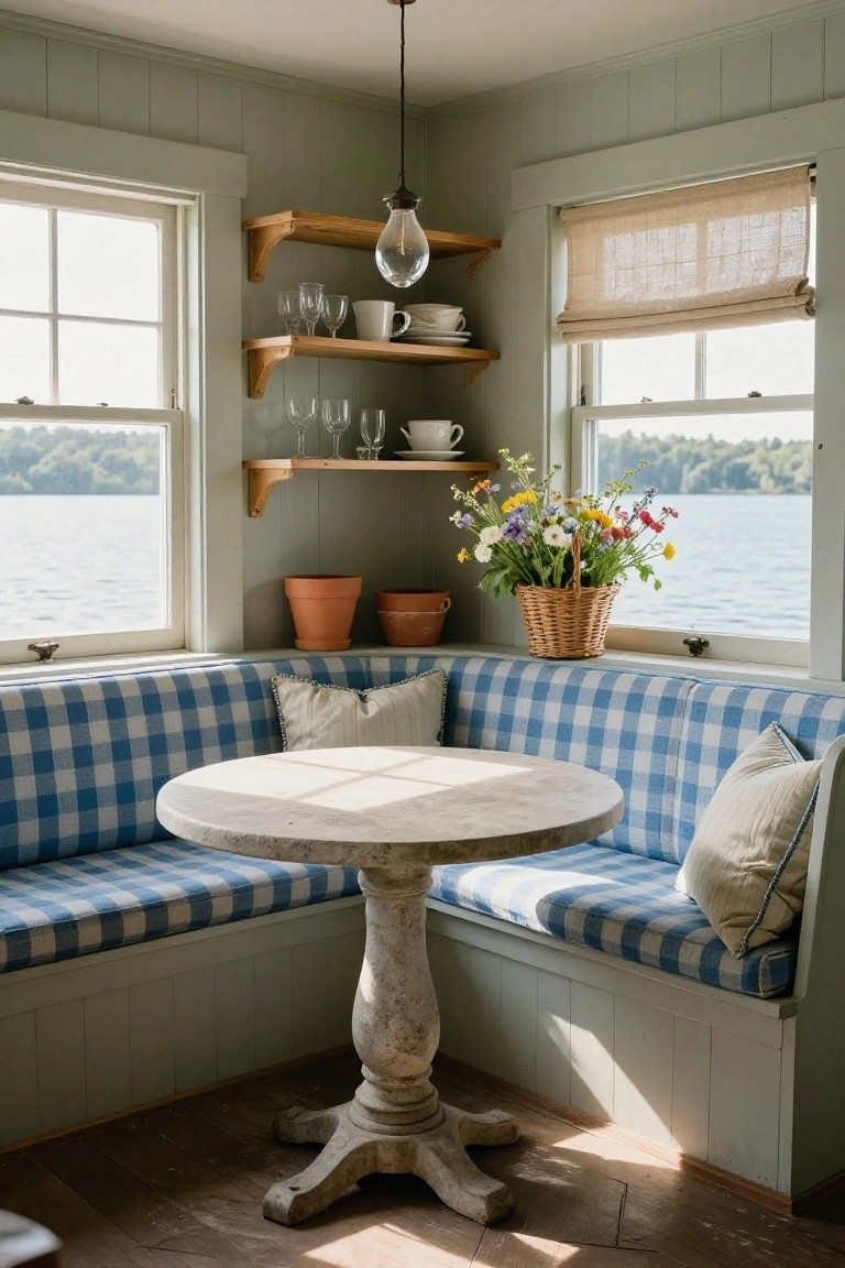 Corner interior with built-in blue checkered bench seating around a round stone pedestal table, wooden shelves holding glassware, cups, plates, and a basket of wildflowers, next to windows overlooking a lake.