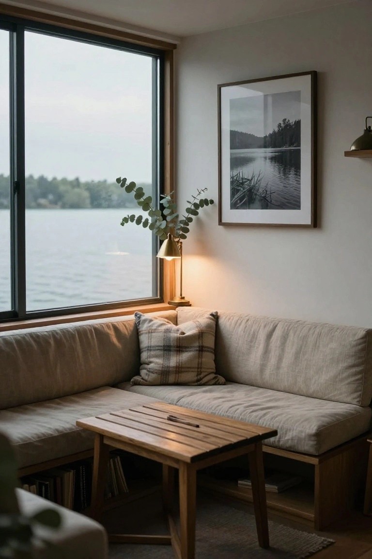 Interior corner of a lakeside cabin with L-shaped beige linen bench seating, plaid cushions, wooden slat coffee table, brass lamp, eucalyptus plant, framed black-and-white lake photo, and large window overlooking gray lake and trees.