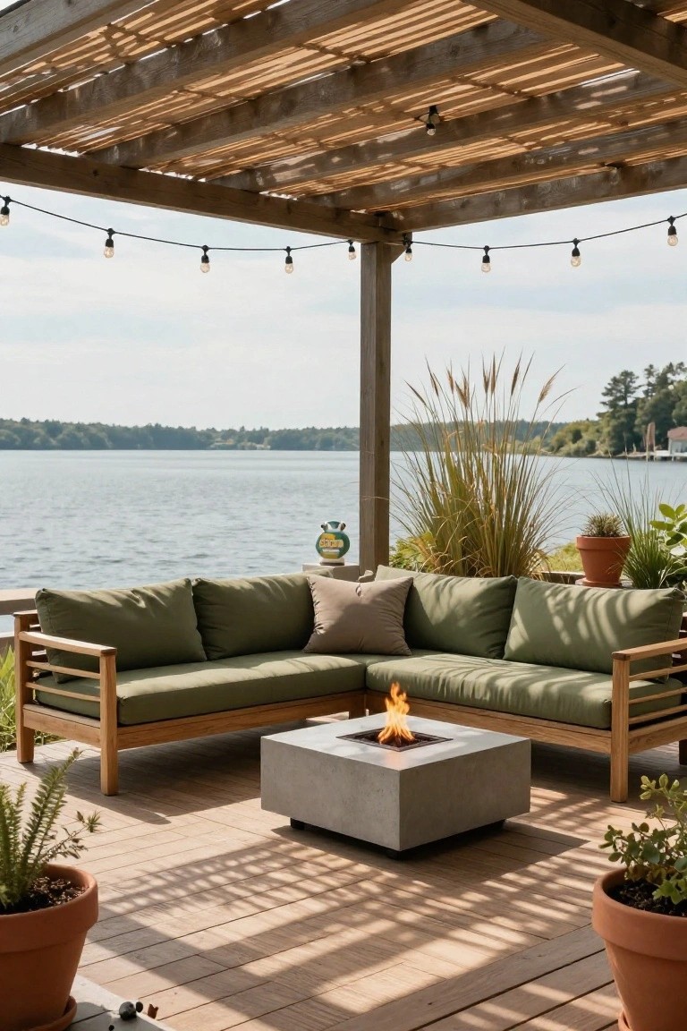L-shaped green outdoor sofa with wooden frames around a square concrete fire table on a wooden deck under a pergola with string lights and potted plants, overlooking a lake.