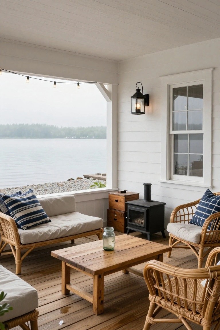 Covered white wood porch with rattan sofa and chairs, blue-striped pillows, wooden coffee table, mason jar candle, small wood-burning stove on cabinet base, and window overlooking misty lake with rocky shore and trees.