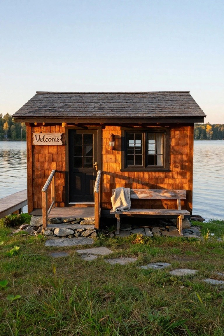 Small wooden shingled cabin with dark door and windows, welcome sign on porch with bench and railings, positioned on rocky shore by lake with dock extending into water.