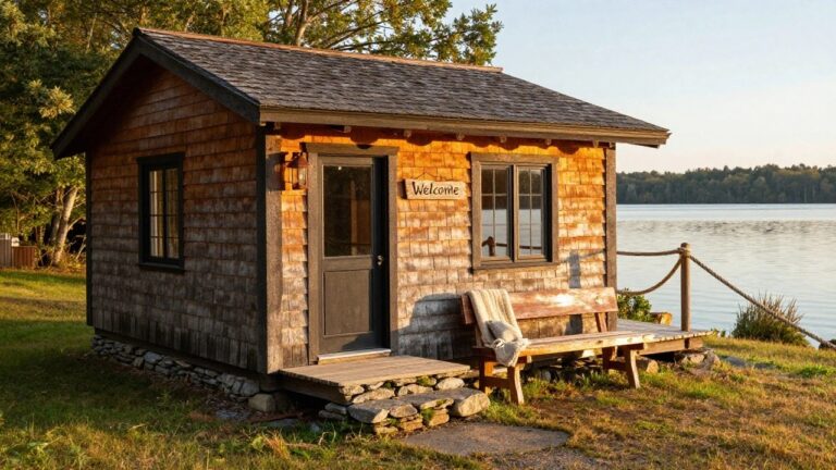 Small wooden shingled cabin with dark door and windows, welcome sign on porch with bench and railings, positioned on rocky shore by lake with dock extending into water.
