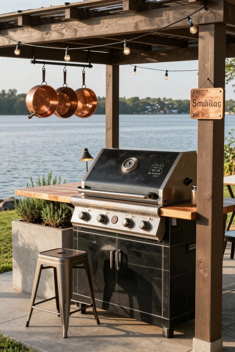 Black gas grill built into a wooden countertop with lower cabinets under a pergola beside a lake, with hanging copper pots, potted rosemary plants, a metal bar stool, string lights, and a sign reading Smilax.