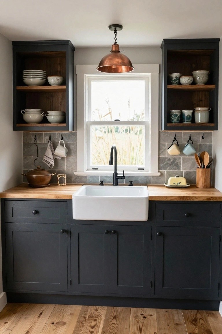 Navy Cabinets Ground a Small Kitchen