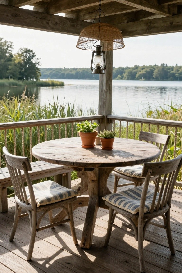 Covered wooden porch with a round rustic table, four chairs, a bench, and potted herbs, overlooking a lake surrounded by reeds and trees.