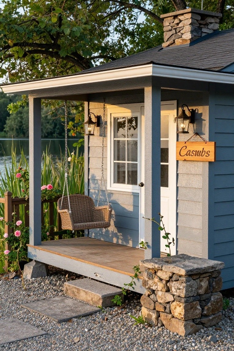 Blue shingle-sided cabin with covered front porch, hanging wicker swing chair, wall lanterns, wooden sign reading Casubs, stone pillar, steps, flowers, and lake reeds in the background.