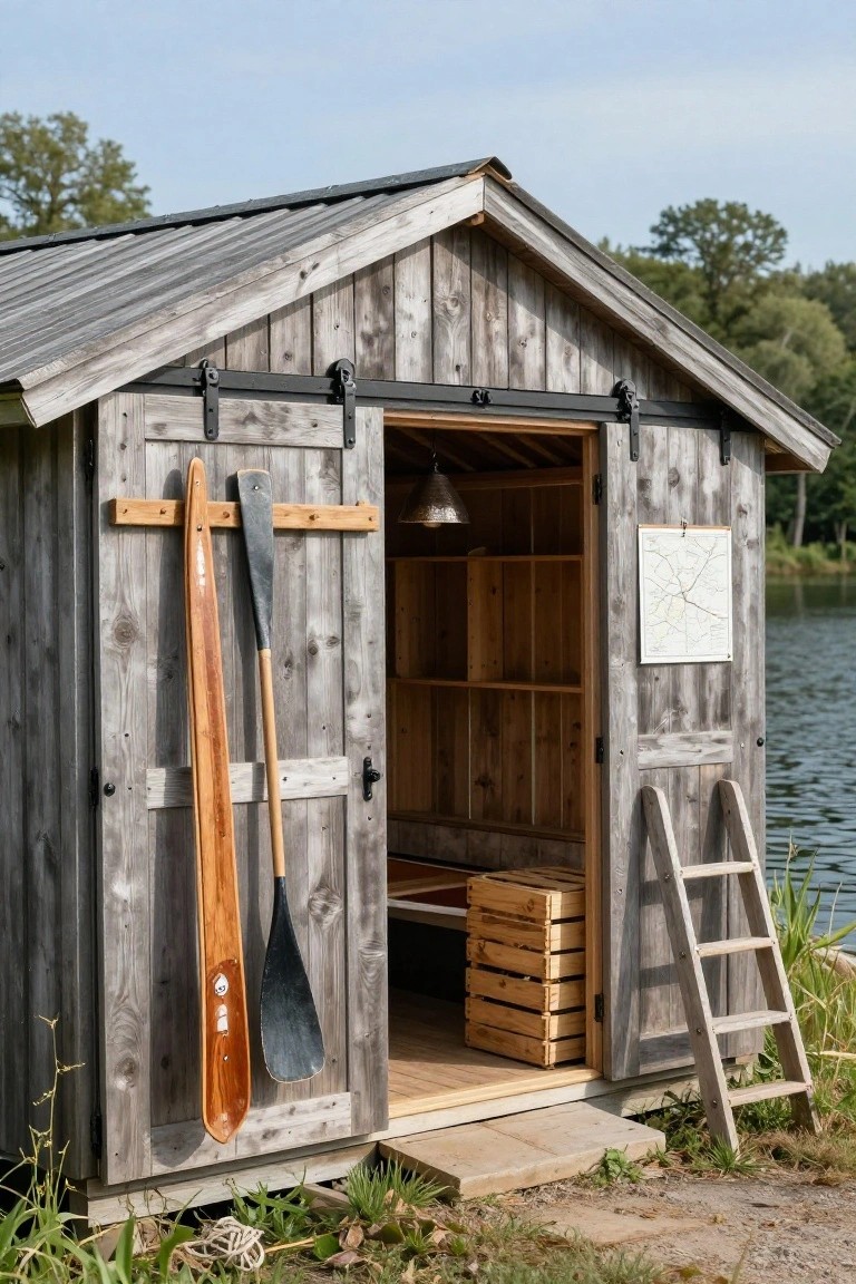 Wooden boathouse with open sliding barn doors next to a lake, showing interior shelves and wooden crates, hanging paddles on the exterior, and a ladder extending to the water.