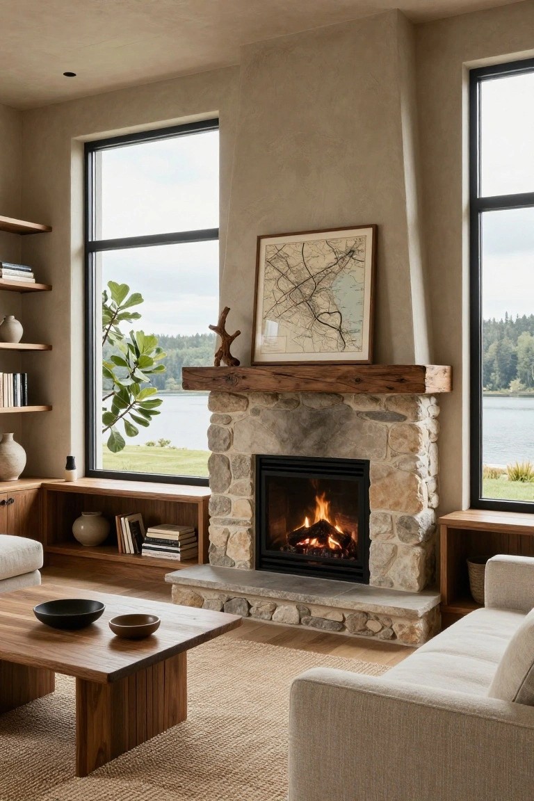 Living room interior with large stone fireplace under wooden mantel, flanked by large black-framed windows overlooking lake and trees, wooden coffee table, beige sofa, bookshelves, and potted plants.