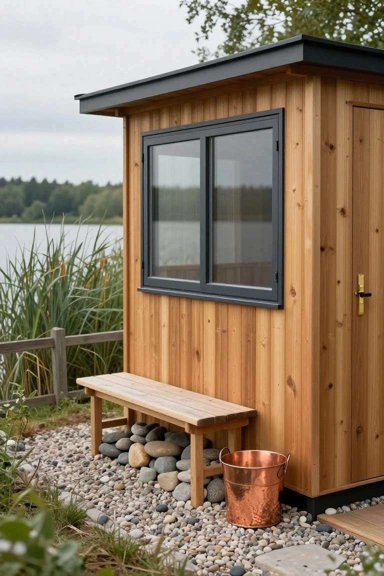 Small wooden cabin with vertical cedar siding, black-framed double window, and black door handle, positioned by a lake with reeds, wooden bench, copper bucket, pebbles, and rocks in front.