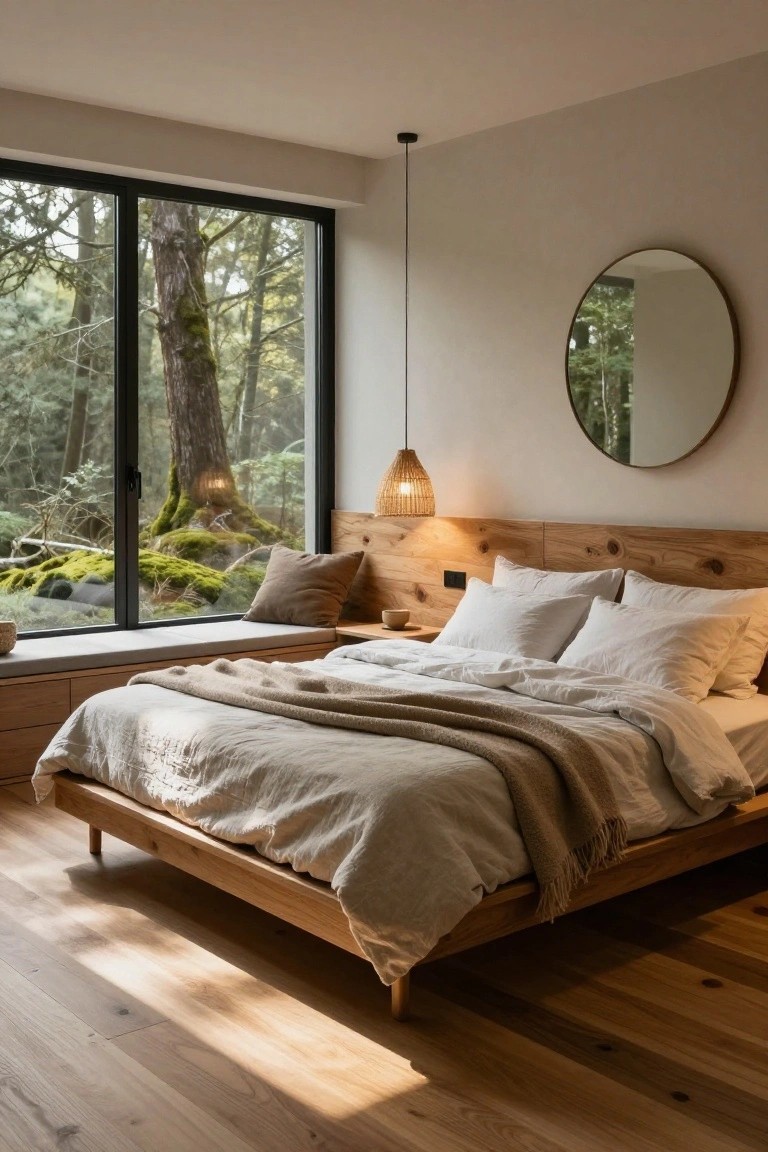 Minimalist bedroom with low wooden bed frame draped in white linens and beige throw, wooden paneled headboard, cushioned bench under large black-framed floor-to-ceiling window showing moss-covered tree in forest, rattan pendant light, round wall mirror, and light wood floors.
