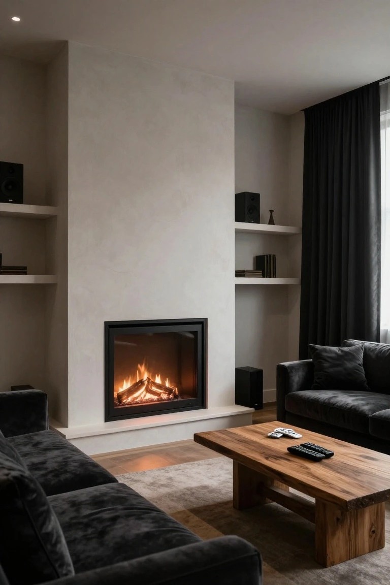 Modern living room with tall beige plaster wall featuring central black-framed gas fireplace with flames, flanked by floating shelves holding speakers and books, dark gray velvet sofas, wooden coffee table with remotes, and black curtains by a window.