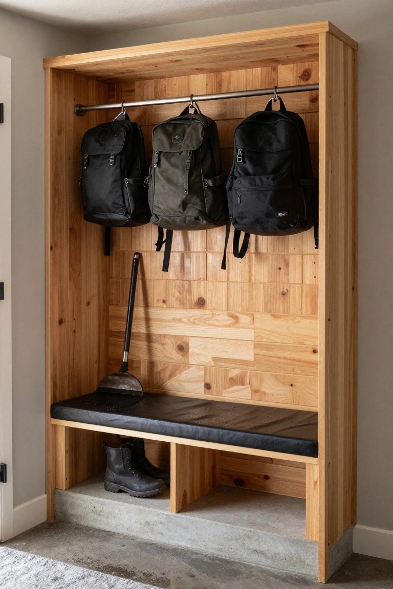 Tall open wooden locker unit with hanging rod holding three backpacks, broom leaning inside, black leather bench seat, and black boots stored in lower cubby on concrete floor.