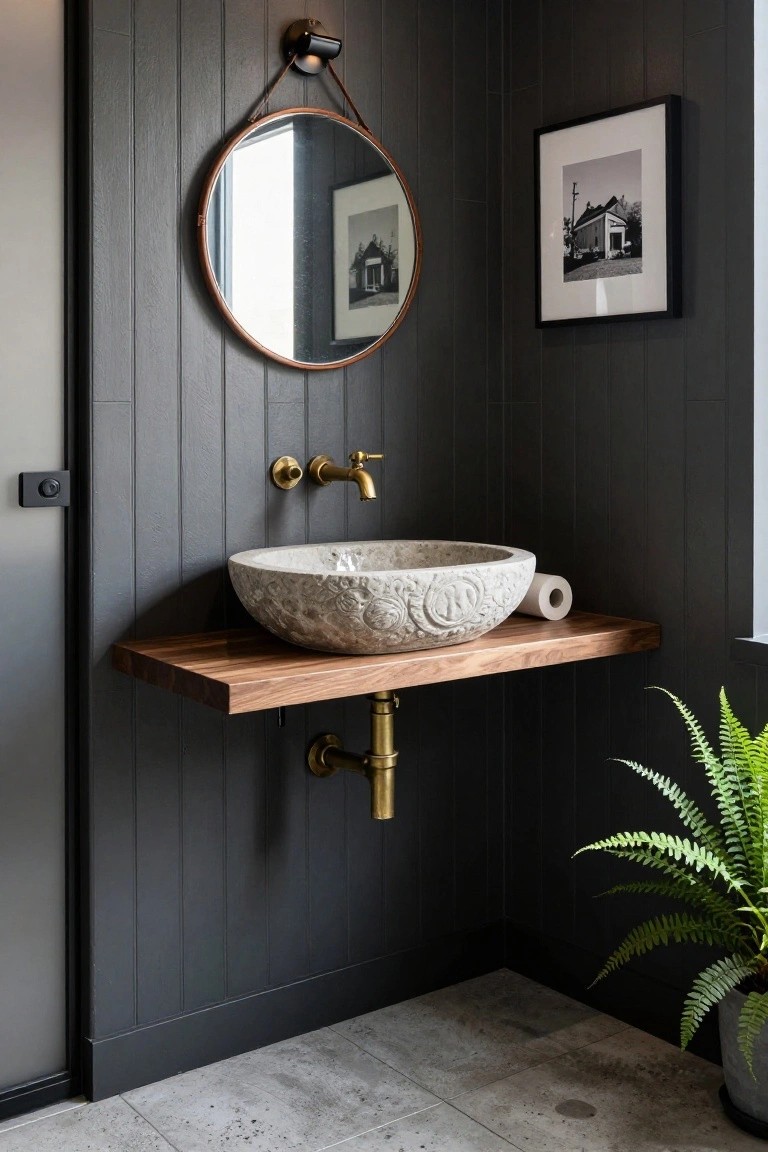Close-up view of a bathroom vanity featuring a white carved stone vessel sink on a floating walnut shelf, brass wall-mounted faucet, toilet paper roll, round mirror with leather strap, framed photo, wall light switch, dark shiplap walls, and potted fern in the corner.