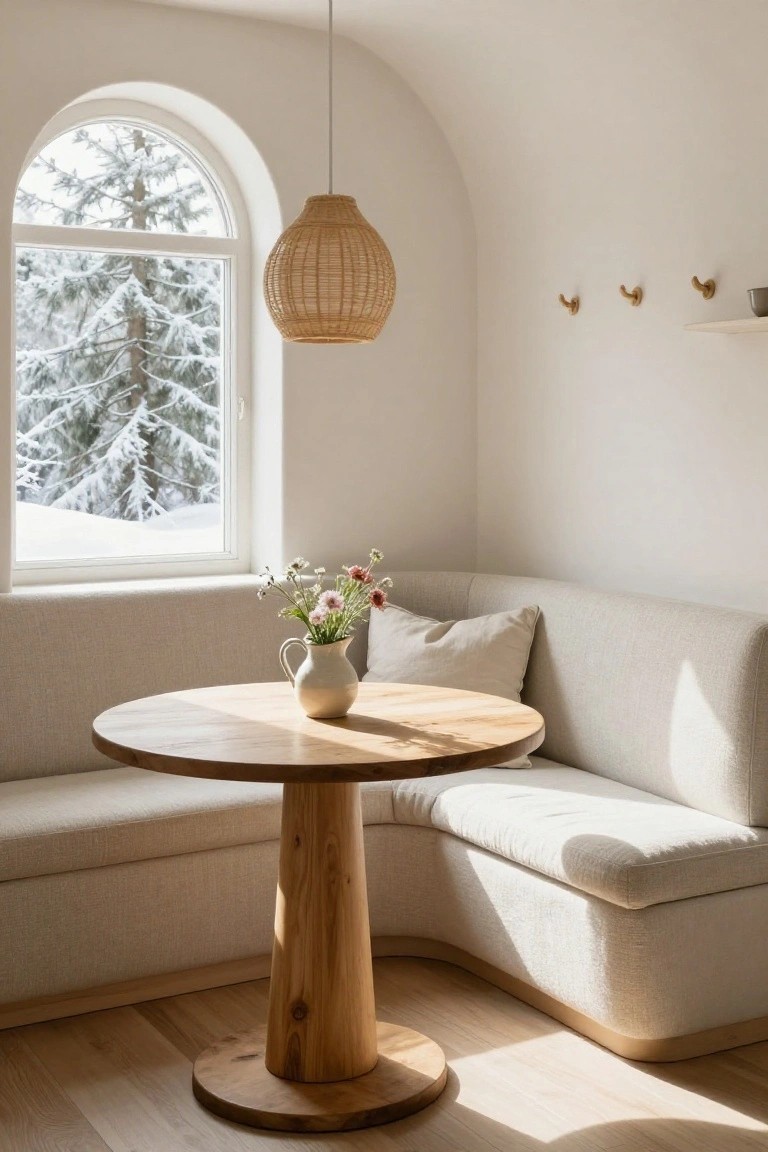 Light beige corner banquette seating with round wooden pedestal table, white vase of flowers, rattan pendant lamp, and arched window showing snowy pine trees in a white curved room.