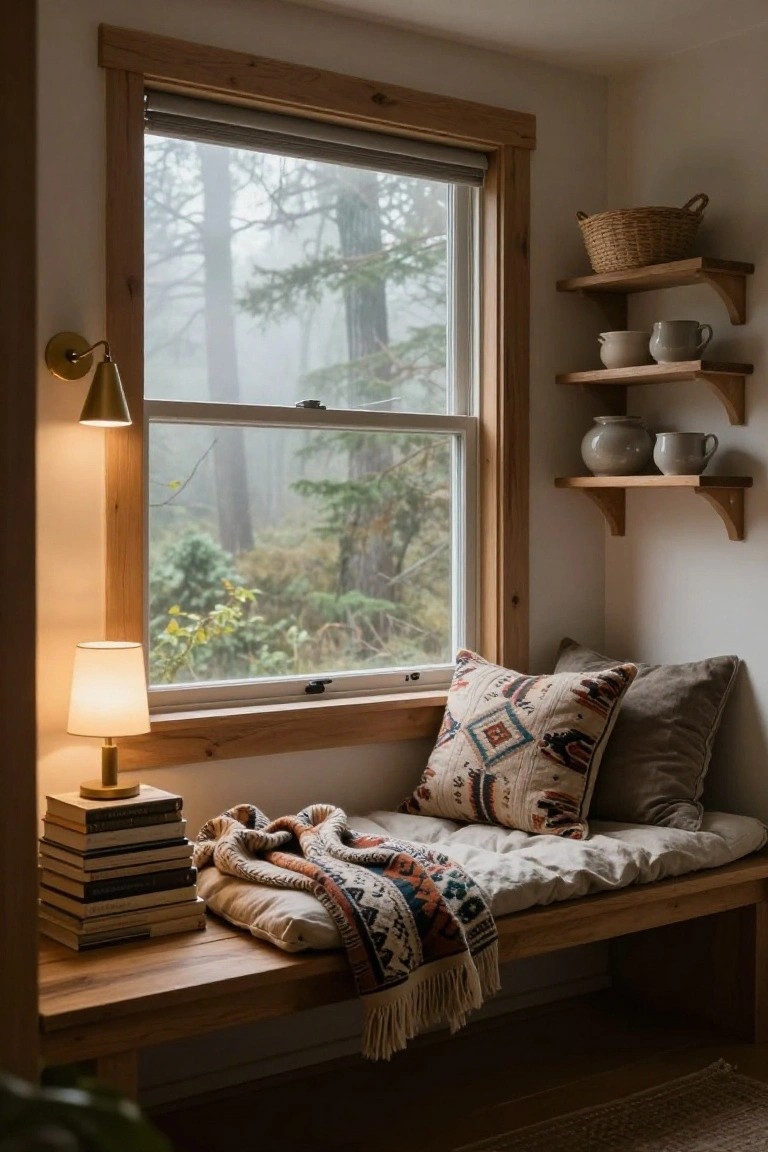 Wooden bench seat built under a large double-hung window in a white-walled room, with patterned pillows, knit blanket, stack of books, table lamp, wall sconce, and corner shelves holding baskets and ceramics, viewed through misty forest outside.