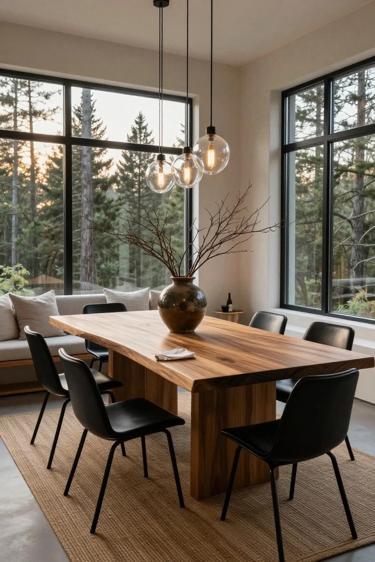 Modern dining room interior with a large rectangular wooden table, black upholstered chairs, a built-in bench seat, pendant globe lights, a ceramic vase with branches on the table, and expansive black-framed windows showing dense forest trees at sunset.