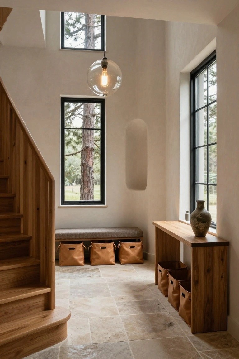 Light entryway interior with wooden staircase, cushioned bench holding leather storage baskets, wooden console table topped with a ceramic vase, black-framed windows overlooking pine trees, curved beige wall niche, travertine tile floor, and hanging glass pendant light.