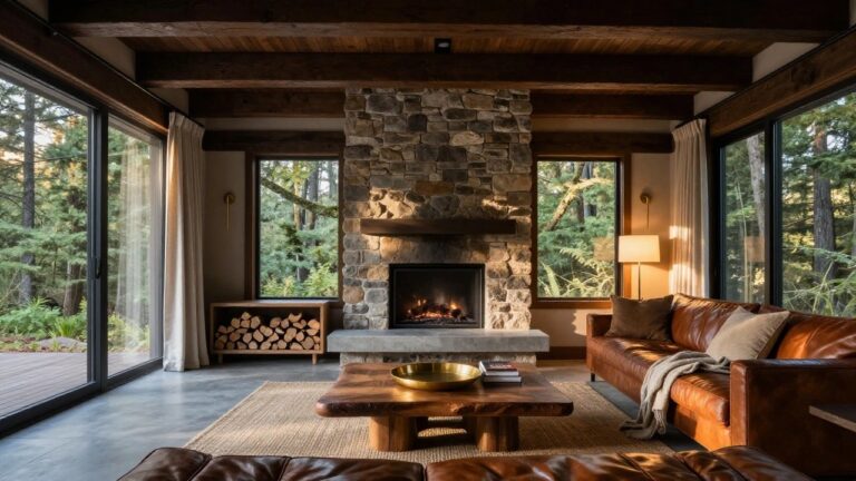 22 Stylish Modern Cabin House Ideas With a Relaxed Luxury Feel Modern cabin living room interior with tall stone fireplace, wooden mantel, two brown leather sofas, wooden coffee table on rug, and large windows showing pine forest outside.