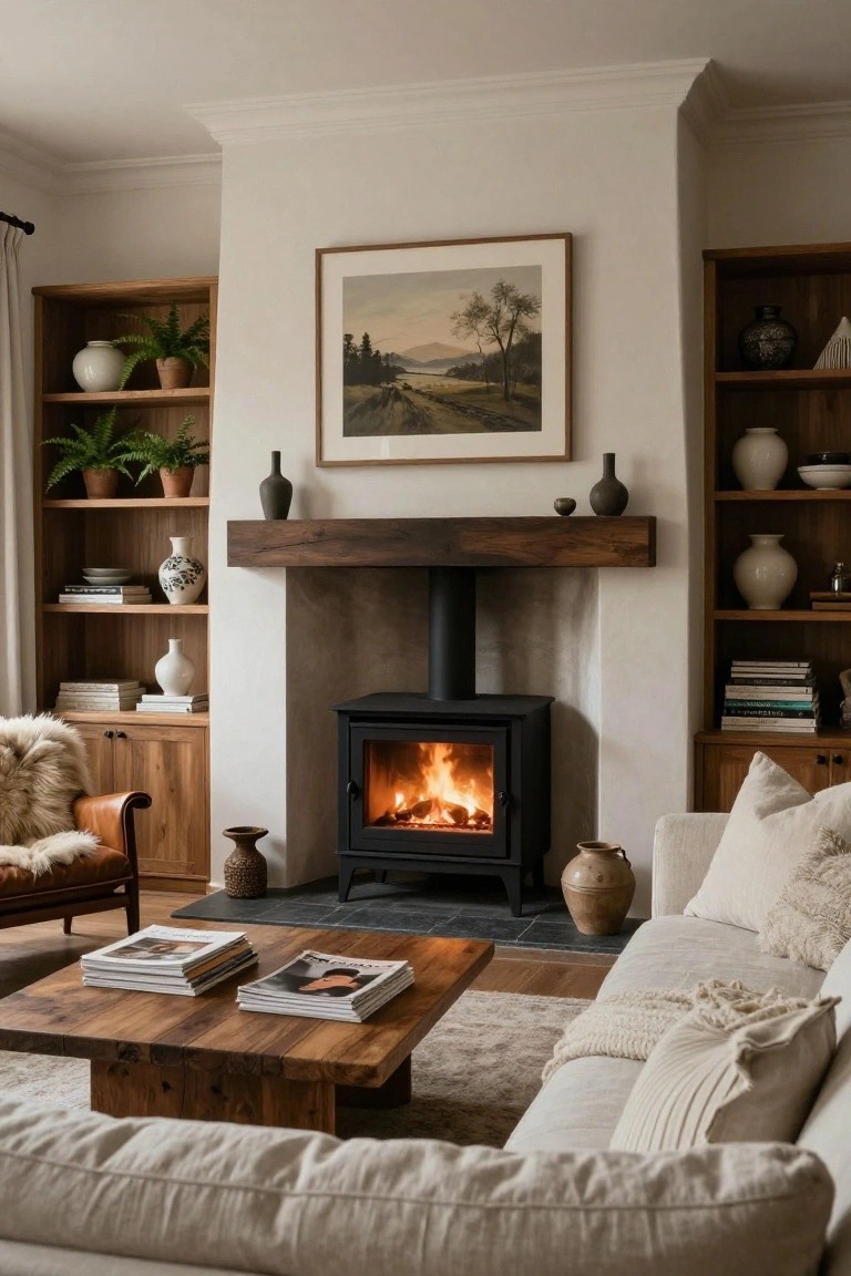 A living room with a black wood-burning stove lit with fire under a wooden mantel on a white wall, flanked by wooden bookshelves holding books, white ceramics, plants in pots, and vases, plus a wooden coffee table with magazines, a cream linen sofa with white throw blanket, and a brown leather armchair with sheepskin.