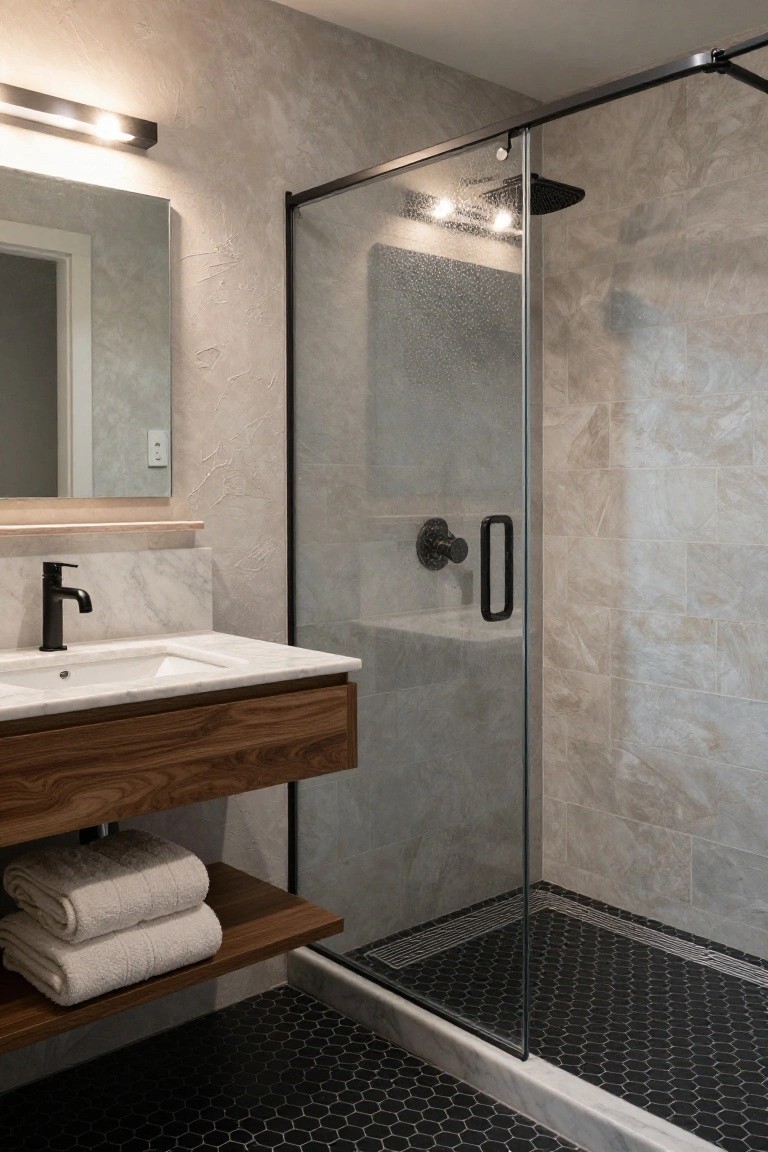 Modern bathroom with floating walnut wood vanity topped by marble and white sink with black faucet, open shelf holding folded towels, glass shower enclosure with black frame and hexagonal floor tiles, gray textured walls.