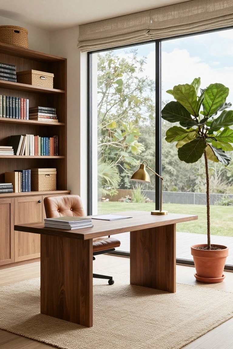 Modern home office with walnut wood desk, leather chair on wheels, built-in bookshelves filled with books and boxes, gold desk lamp, large potted fiddle leaf fig plant, and floor-to-ceiling windows overlooking garden and trees.