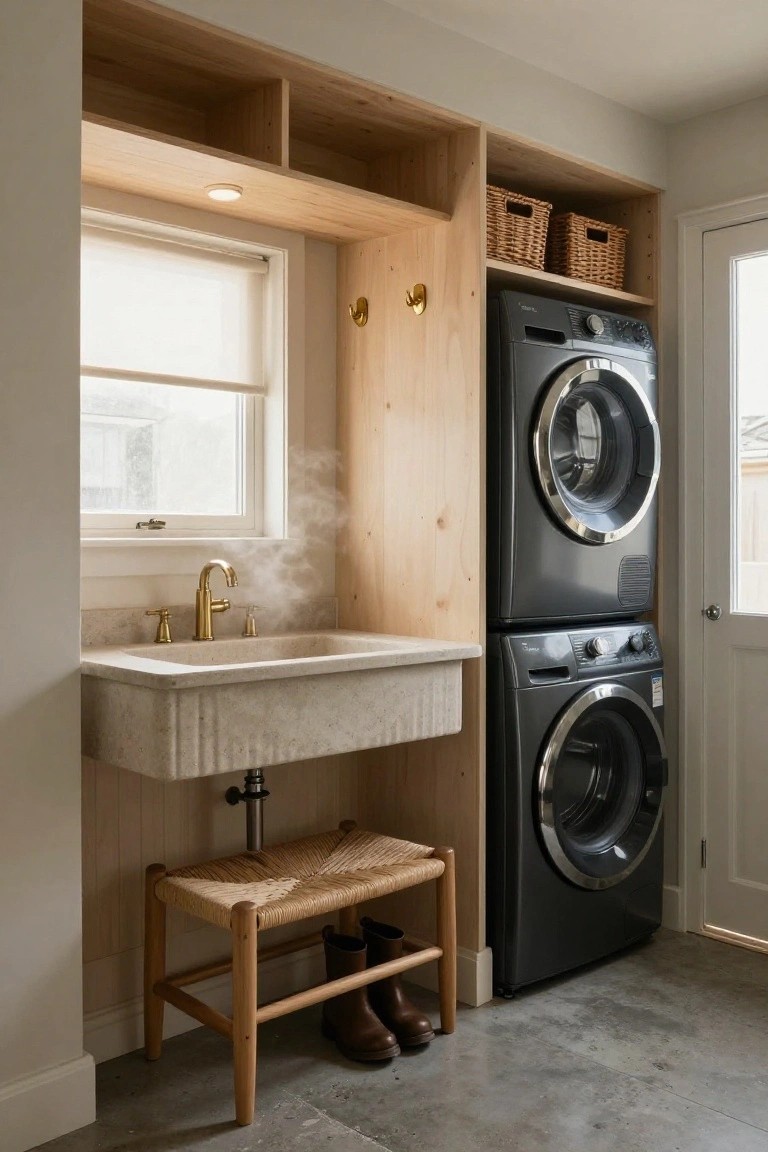 Laundry room interior with stacked black washer and dryer inside light wood open shelving and cabinets, white farmhouse sink below, woven baskets on upper shelves, wood stool with rubber boots, window with shade, and door.