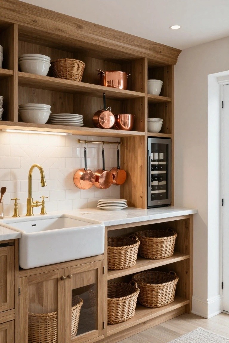 Kitchen interior with light oak cabinets featuring open upper shelves holding white dishes and wicker baskets, hanging copper pots on a brass rail above a white farmhouse sink, gold faucet, subway tile backsplash, and stainless wine cooler.
