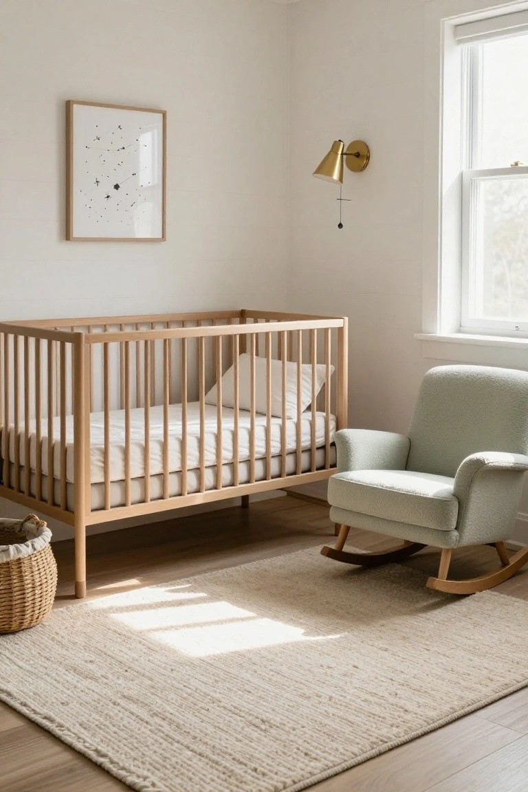 Minimalist nursery interior with a light wood crib, white bedding, green upholstered rocking chair, beige woven rug, wicker basket, gold wall sconce, and framed star art on white walls with window light.