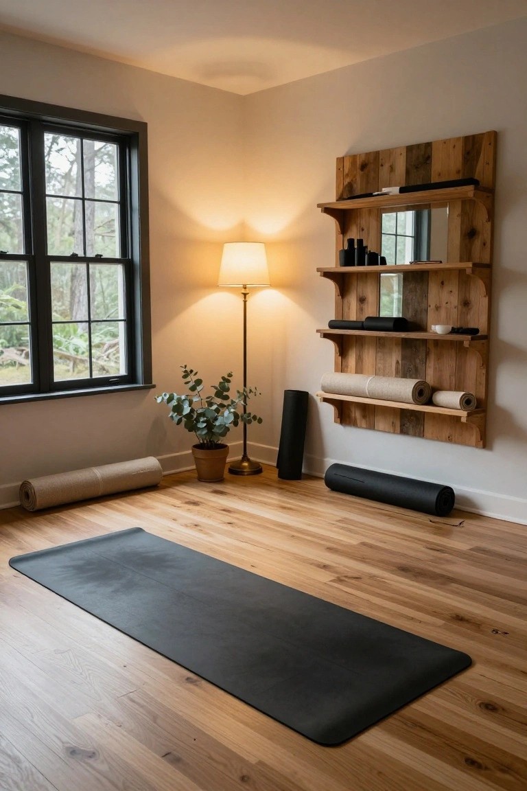 Corner of a room with blonde hardwood floors, unrolled black yoga mat, rolled yoga mats nearby, tall floor lamp with cream shade, potted eucalyptus plant, and large vertical wooden shelving unit with mirror and yoga props on shelves beside a window showing trees outside.