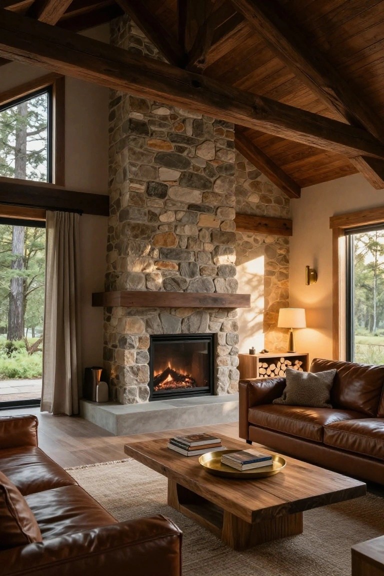 Modern cabin living room interior with tall stone fireplace, wooden mantel, two brown leather sofas, wooden coffee table on rug, and large windows showing pine forest outside.