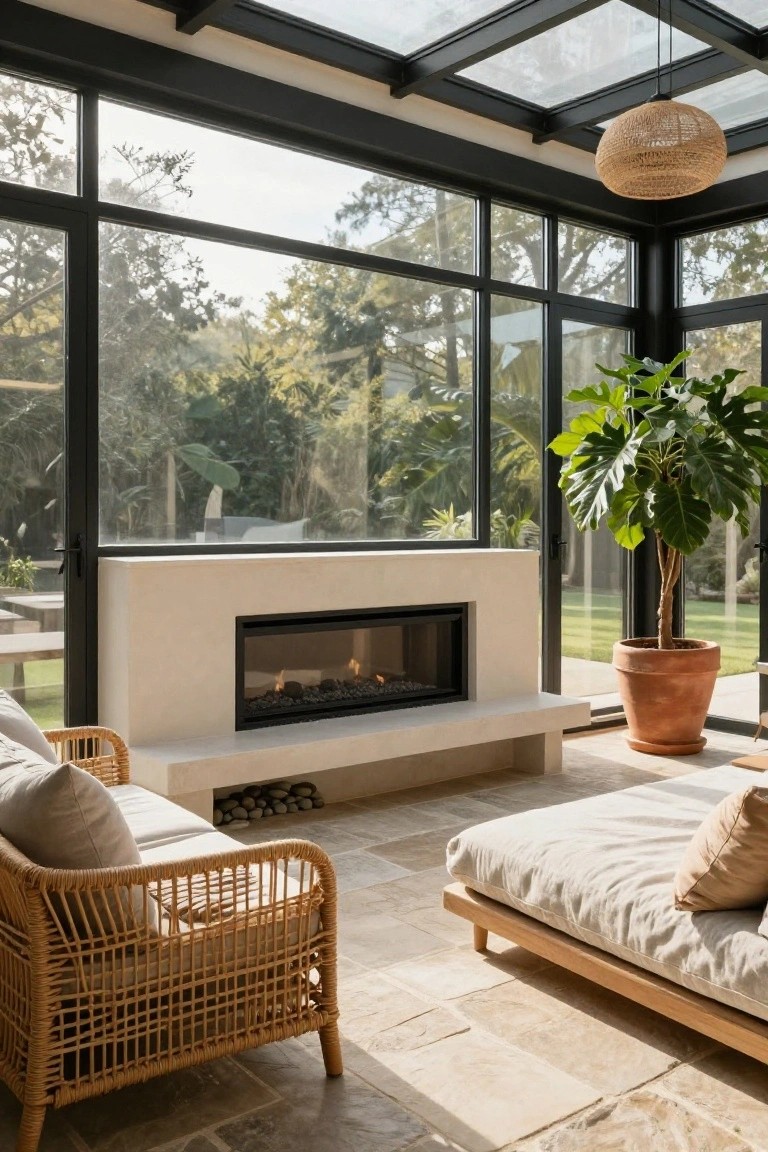 Glass-walled sunroom featuring a linear gas fireplace built into a beige stone wall, rattan armchairs with cushions, low daybed, large potted fiddle leaf fig plant, and views of trees and lawn through floor-to-ceiling windows.