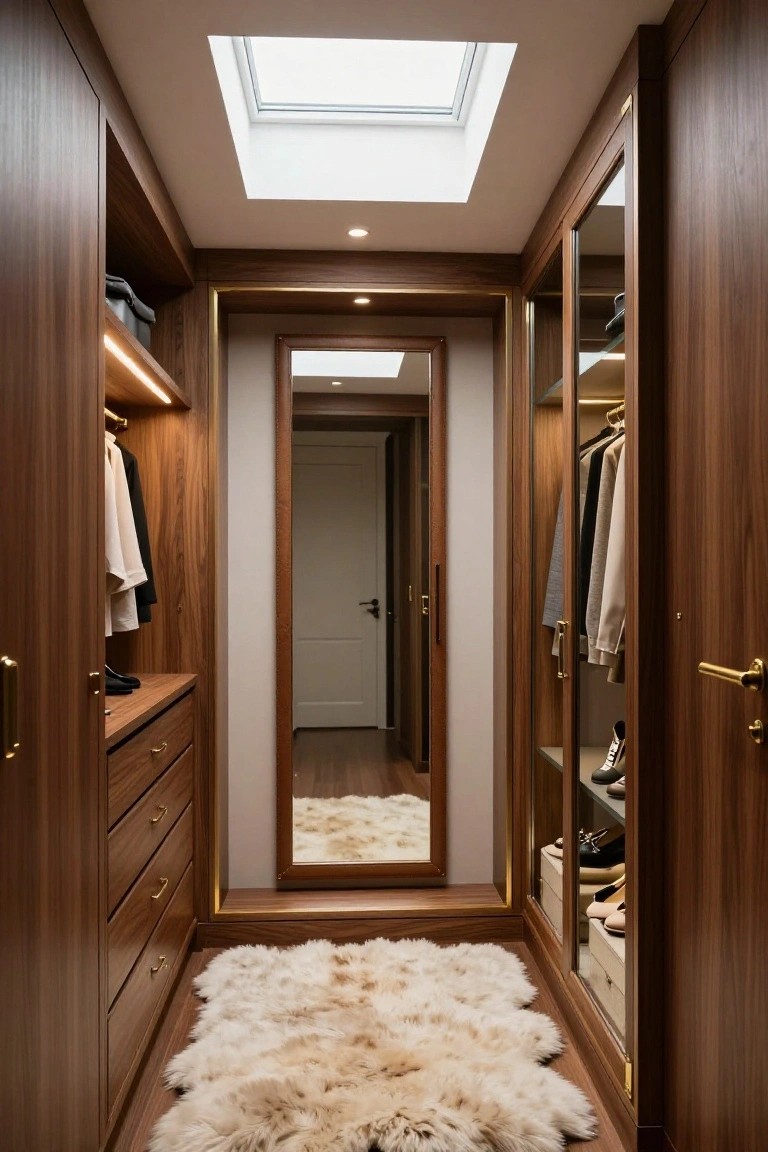 Walk-in closet with walnut wood cabinets and drawers on both sides flanking a central full-length mirror, hanging clothes, shoes on shelves, gold hardware, recessed lighting, skylight above, and white shag rug on wood floor.