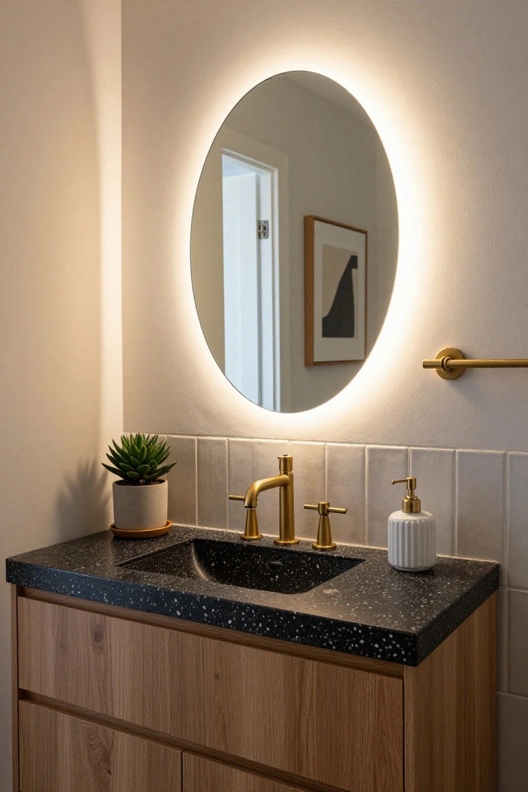 Modern bathroom vanity featuring light wood cabinets, black speckled quartz countertop, undermount sink, brass faucet and handles, white soap dispenser, potted succulent plant, gold towel bar, and round backlit mirror above against white subway tile wall.