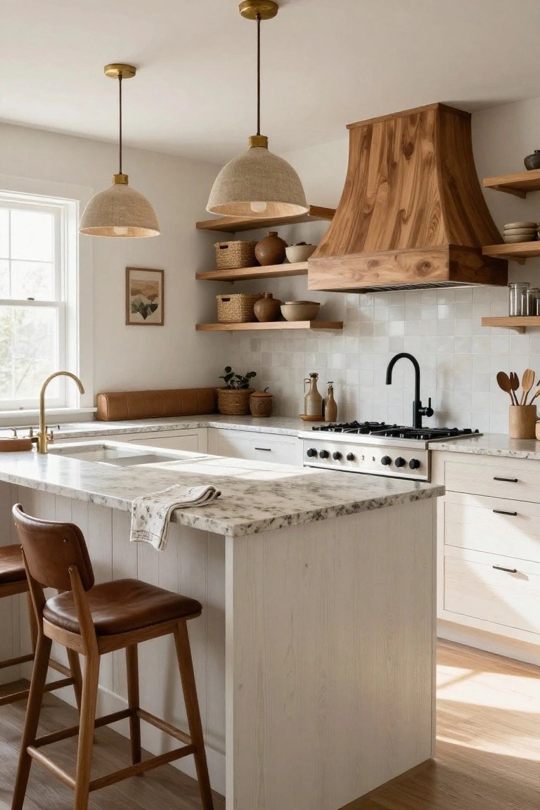 Kitchen with tall wooden range hood over gas cooktop, white shaker cabinets, light gray veined quartz counters and island, tan leather bar stools, brass faucets, subway tile backsplash, and open wood shelves holding pottery.